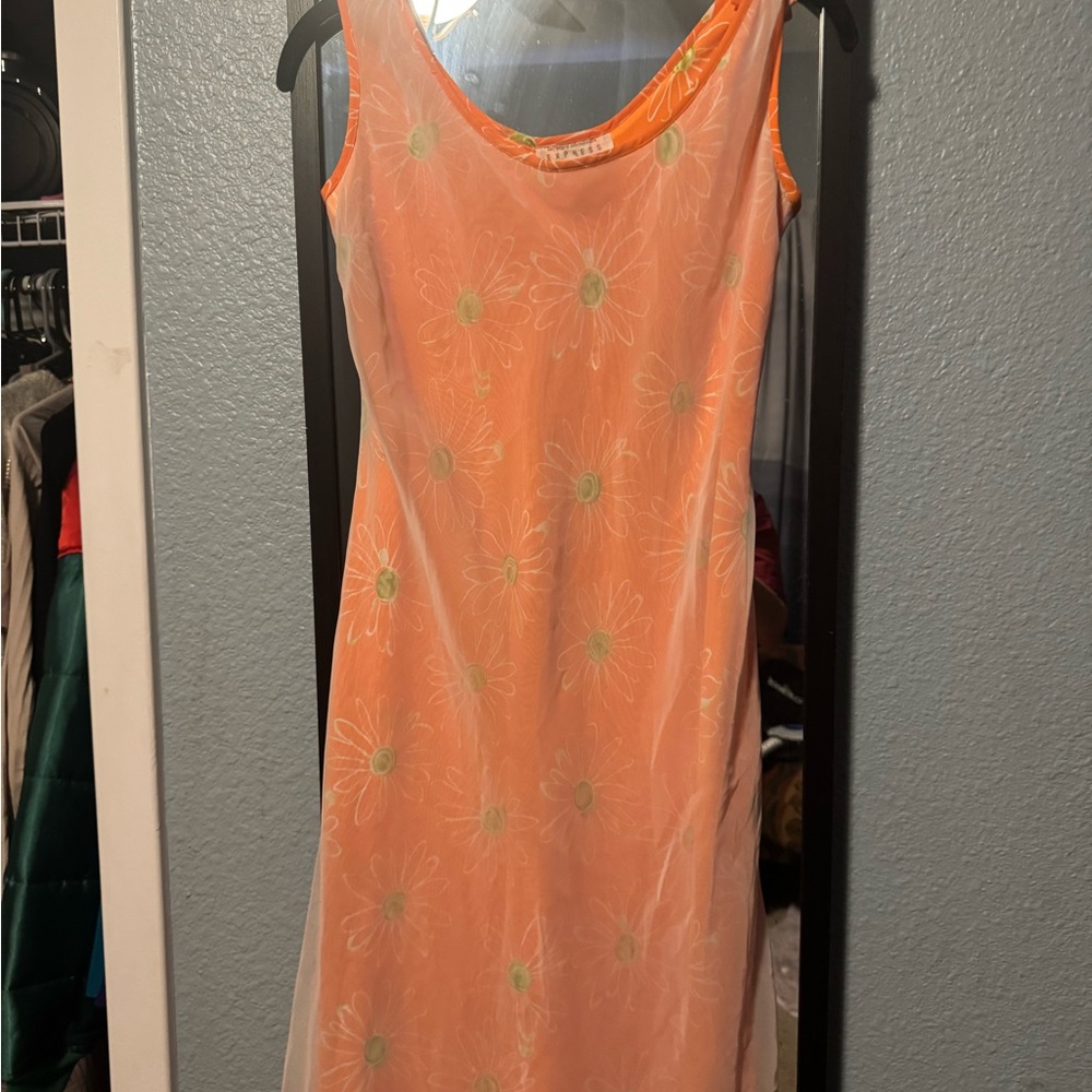 Vintage Sheer Overlay Orange Floral Dress